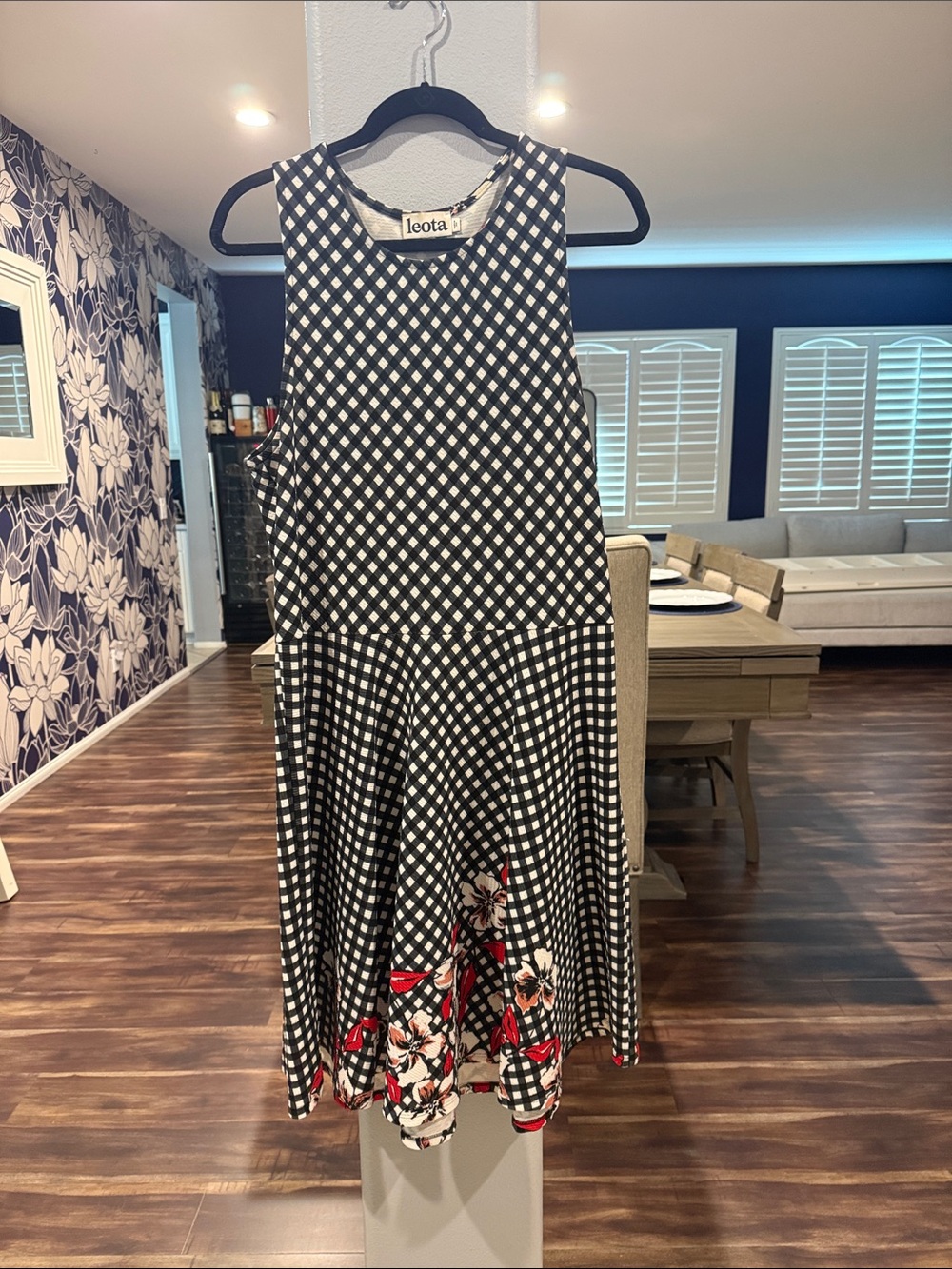 Leota Black and White Gingham Midi Dress with Red Floral Accent